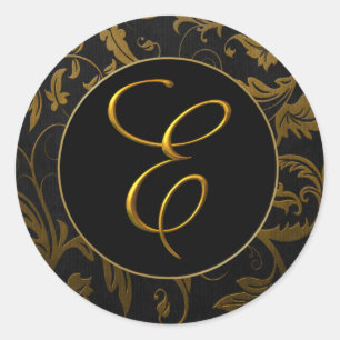Monogram E Gold and Black Damask Wedding Seal