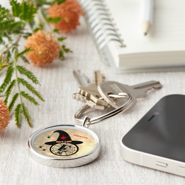 Monogram E Halloween Sky Witch Spiders Name Key Ring (Side)