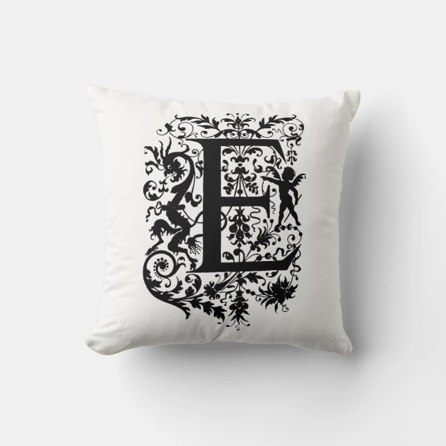 Monogram E Initial Black and White Floral Pattern Cushion (Front)