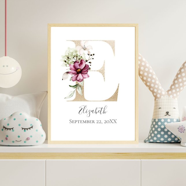 Monogram E Pink White Floral Gold Letter Nursery Poster (Monogram Letter E Gold Pink Floral Watercolor Nursery Wall Art)