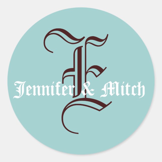 Monogram E Wedding Aqua & Espresso Favour Seal (Front)