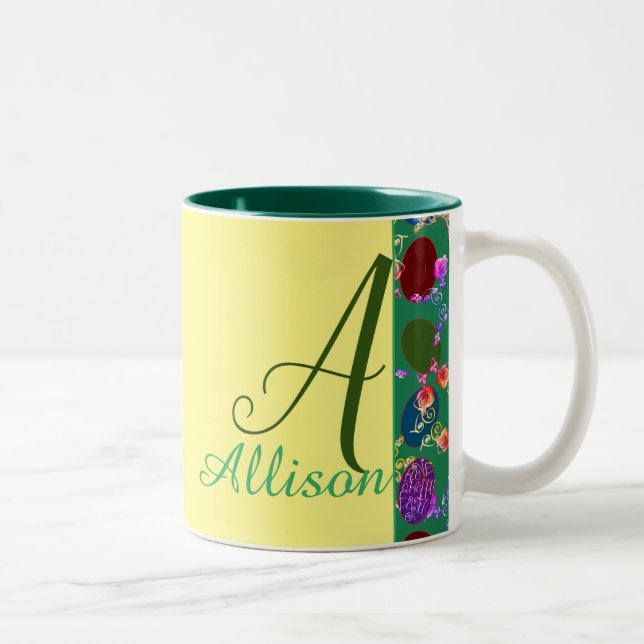 Monogram Easter Bunny & Eggs Rose Patterned  Two-Tone Coffee Mug (Right)