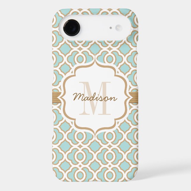 Monogram Eggshell Blue and Gold Quatrefoil Case-Mate iPhone Case (Back)