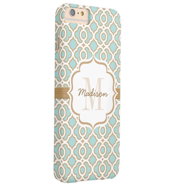 Monogram Eggshell Blue and Gold Quatrefoil Case-Mate iPhone Case (Back/Right)