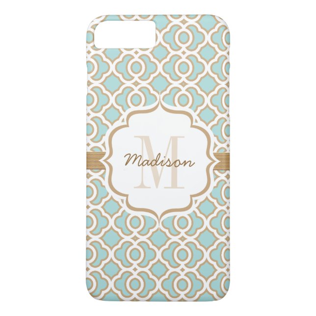 Monogram Eggshell Blue and Gold Quatrefoil Case-Mate iPhone Case (Back)