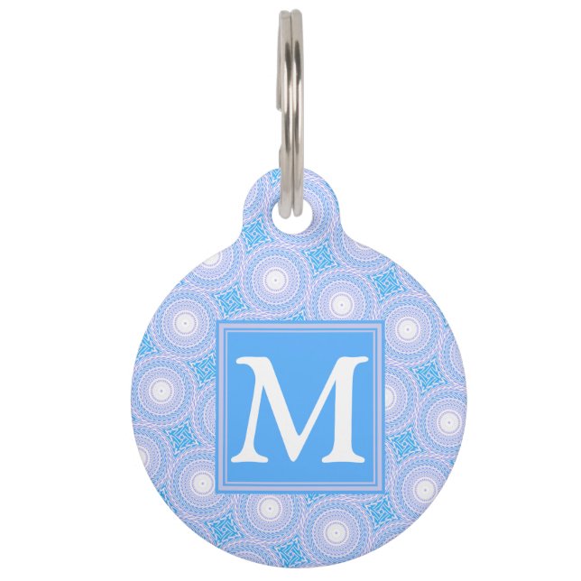 Monogram Electric blue circles pattern Pet Tag (Front)