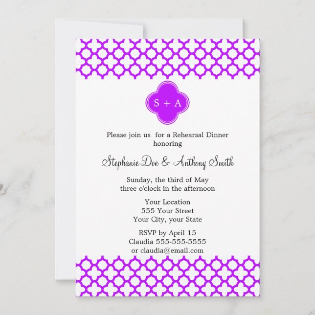 Monogram Electric Purple Quatrefoil Pattern Invitation (Front)