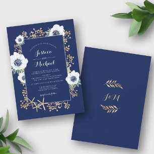 Monogram Elegant Anemone Flower Navy Blue Wedding Invitation