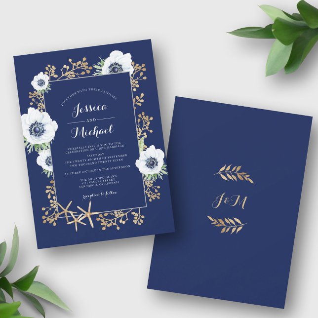 Monogram Elegant Anemone Flower Navy Blue Wedding Invitation (Creator Uploaded)