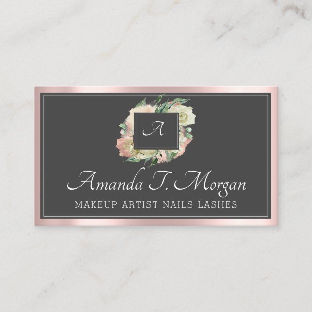Monogram Elegant Appointment Grey Rose Green Flora Business Card (Front)