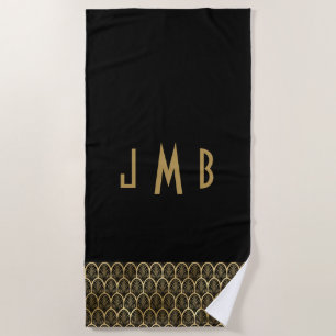 Monogram Elegant Black and Gold Art Deco Gatsby Beach Towel