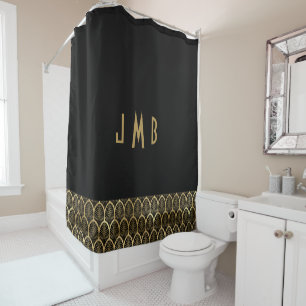 Monogram Elegant Black and Gold Art Deco Gatsby Shower Curtain