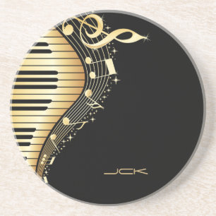 Monogram Elegant Black And Gold Music Notes Design Coaster