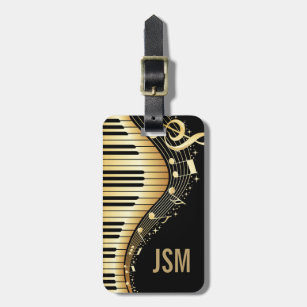 Monogram Elegant Black And Gold Music Notes Design Luggage Tag