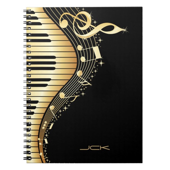 Monogram Elegant Black And Gold Music Notes Design Notebook (Front)