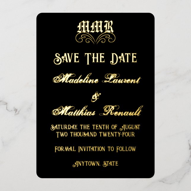 Monogram Elegant Black and Gold Save the Date (Front)