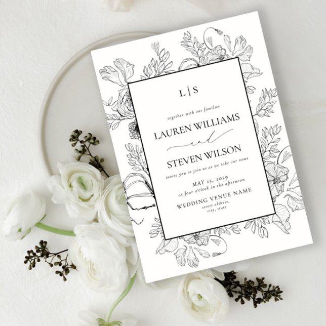 Monogram Elegant Black Floral Line Art Wedding Invitation (Creator Uploaded)