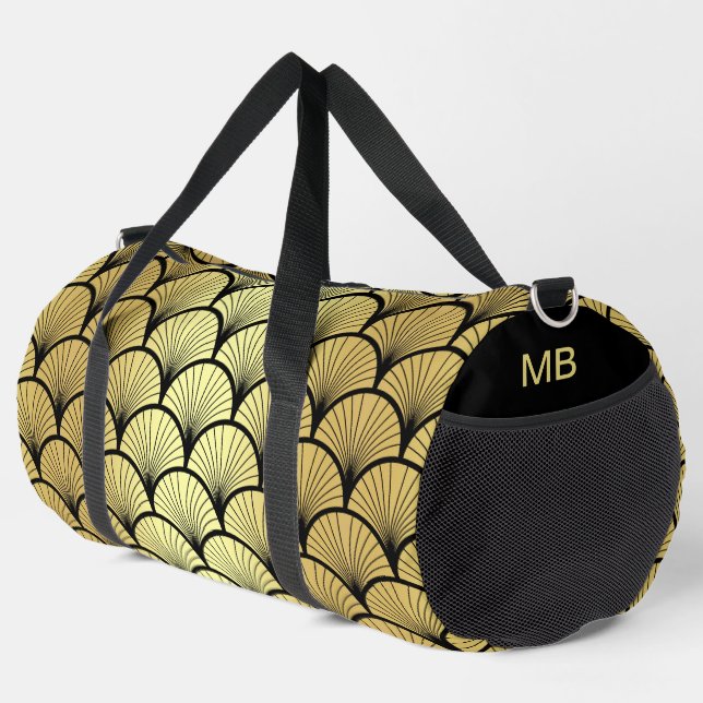Monogram Elegant Black Gold Art Deco Pattern Duffle Bag (Right Corner)