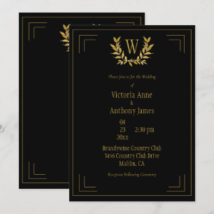 Monogram Elegant Black Gold Leaf Wedding Invitation