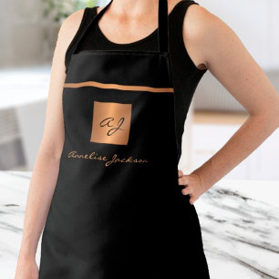 Monogram elegant black gold name script  apron