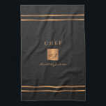 Monogram elegant black gold name script chef tea towel<br><div class="desc">Monogrammed stylish luxury exclusive kitchen restaurant master chef personalised towel featuring a faux gold copper metallic glitter square and lines over a stylish classy faux black leather (PRINTED TEXTURE) background.           Personalise it with title,  name and initials.</div>
