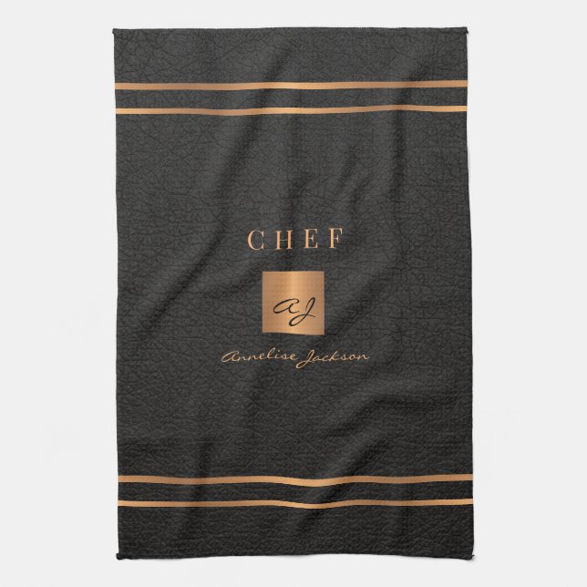 Monogram elegant black gold name script chef tea towel (Vertical)