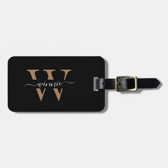 Monogram Elegant Black Gold Name Stylish Luggage Tag (Front Horizontal)