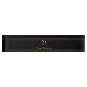 Monogram Elegant Black & Gold Script Name  Nameplate