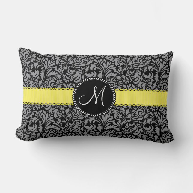 Monogram Elegant Black Silver Damask Yellow Ribbon Lumbar Cushion (Front)