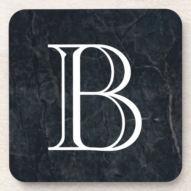 Monogram Elegant Black Stone Texture Coaster (Front)