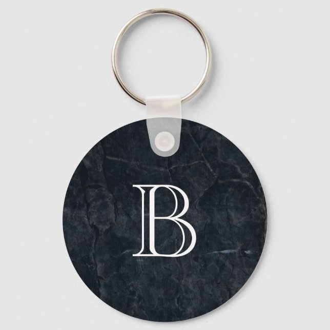 Monogram Elegant Black Stone Texture Key Ring (Front)