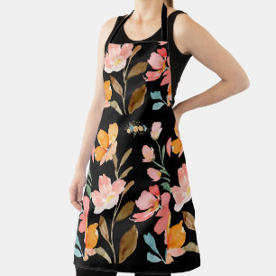 Monogram Elegant Black Watercolor Flower Apron