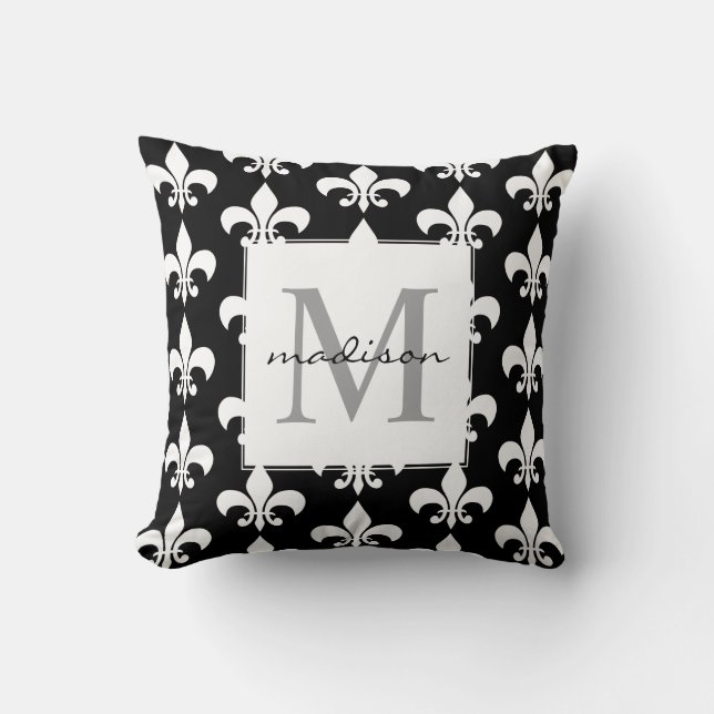 Monogram Elegant Black White Fleur de lis Pattern Cushion (Front)