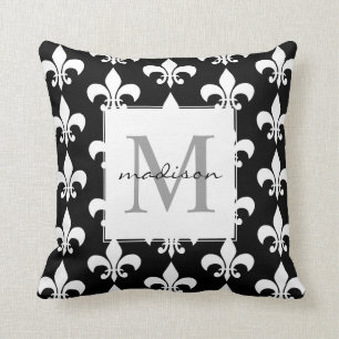 Monogram Elegant Black White Fleur de lis Pattern Cushion