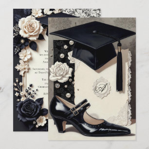 Monogram Elegant Black White Graduation Invitation