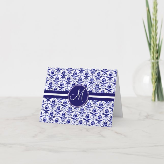 Monogram Elegant Blue and White Damask Pattern Note Card (Front)