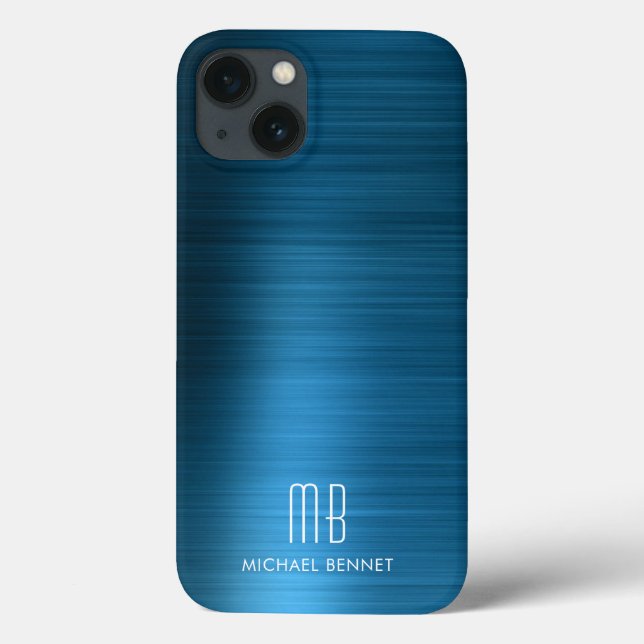 Monogram Elegant Blue Brushed Metal Case-Mate iPhone Case (Back)