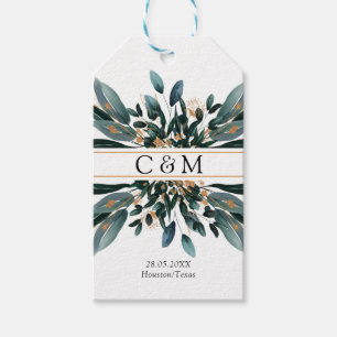 Monogram Elegant Blue Gold (Imitat) Botanical Gift Tags