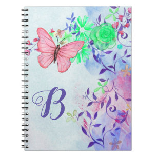 Monogram Elegant Blush Pink Butterfly Floral Notebook