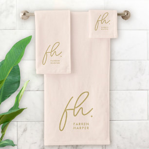 Monogram Elegant Blush Pink Gold Script Stylish Bath Towel Set