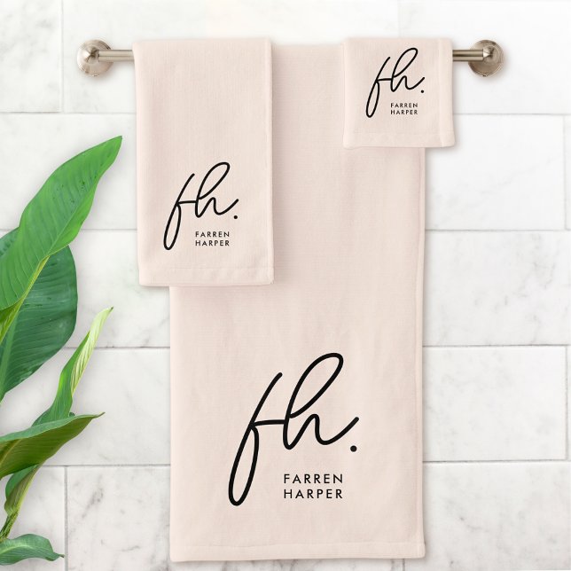 Monogram Elegant Blush Pink Script Chic Stylish  Bath Towel Set (Creator Uploaded)