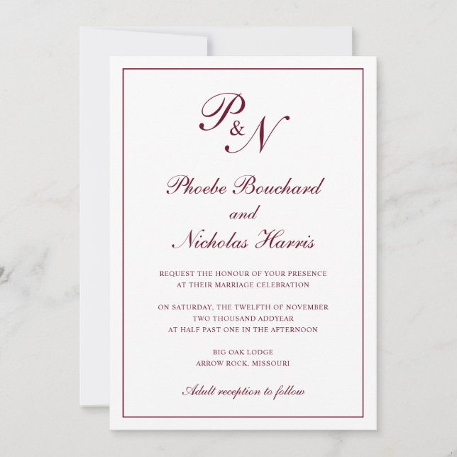 Monogram Elegant Burgundy All In One Wedding Invitation (Front)