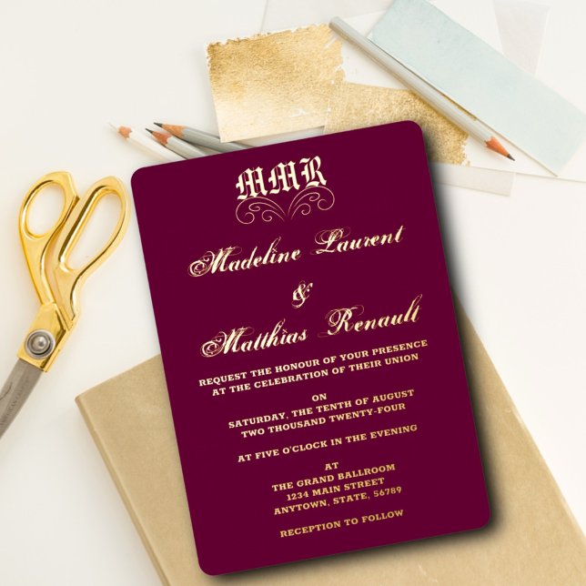 Monogram Elegant Burgundy  and Gold Wedding  (Creator Uploaded)
