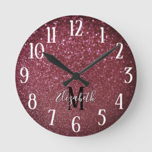 Monogram Elegant Burgundy Faux Bokeh Glitter Round Clock