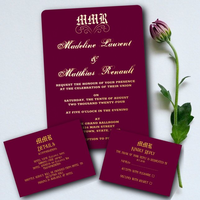 Monogram Elegant Burgundy & Gold Details QR code Enclosure Card (Creator Uploaded)