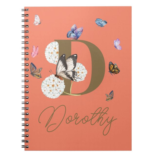 Monogram Elegant Butterfly Colourful Floral Notebook (Front)