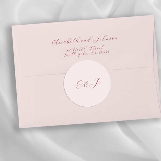 Monogram elegant chic script blush pink wedding classic round sticker (Return address personalized envelopes can be purchased separately - please see the collection)