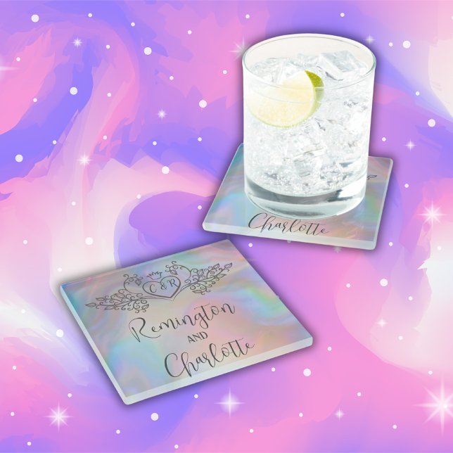 Monogram Elegant colourful Mother-of-Pearl  Weddin Glass Coaster (Creator Uploaded)