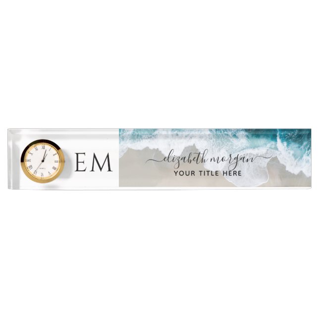 Monogram Elegant Custom Beach Blue Green Clock  Nameplate (Front)
