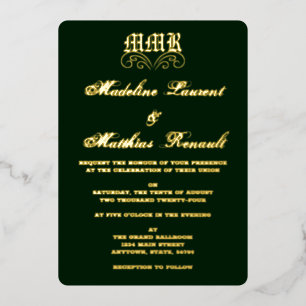 Monogram Elegant Dark Green and Gold Wedding